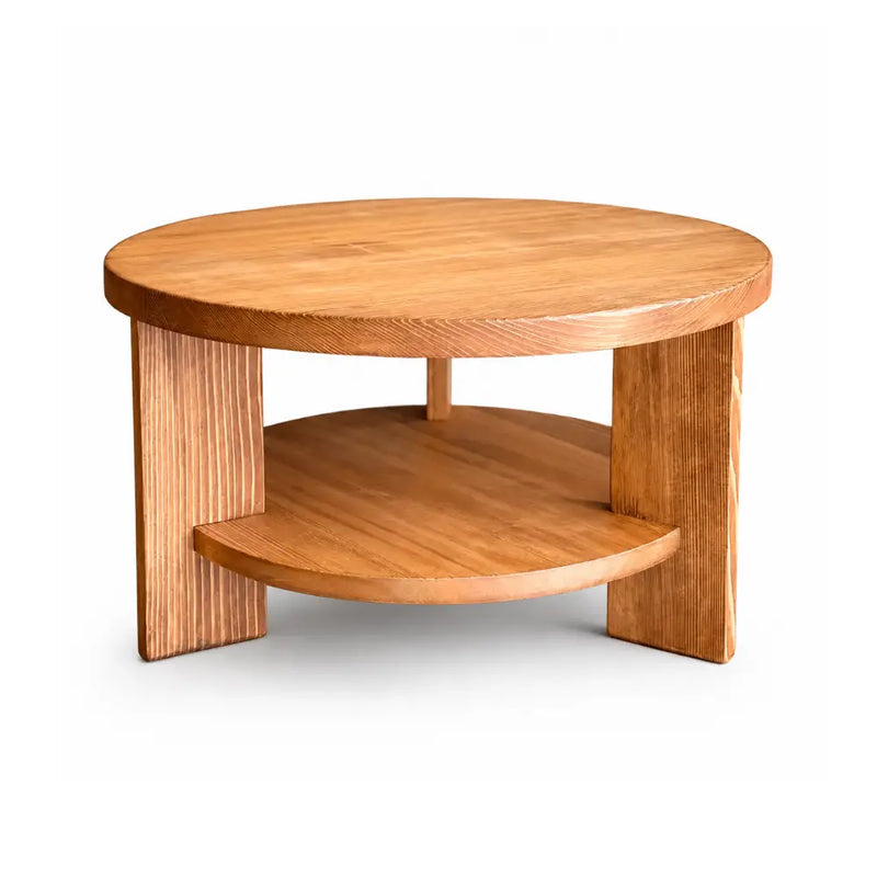 Aola Solid Pine Wood Coffee Table with Storage – Farmhouse Rustic Round Design