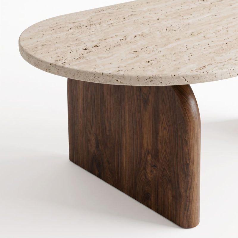 Close-Up of Walnut Panel Base and Travertine Stone Top on Arden Oval Coffee Table - Sculptural Mid-Century Design by Tomruque