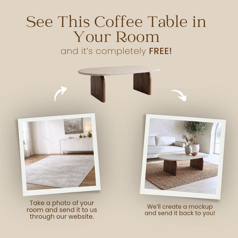 Free Virtual Room Visualizer Banner for Arden Oval Travertine Coffee Table with Walnut Base - Sculptural Mid-Century Design by Tomruque