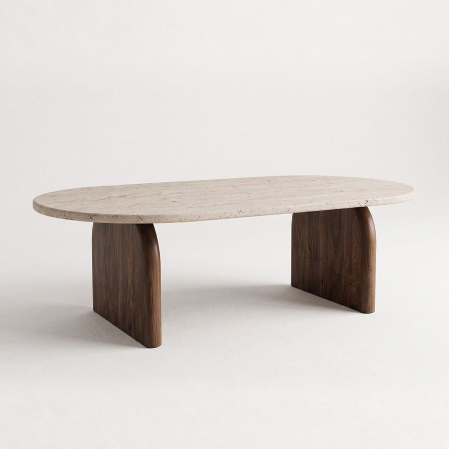 Arden Oval Travertine Coffee Table with Walnut Base - Sculptural Mid-Century Design Studio View by Tomruque
