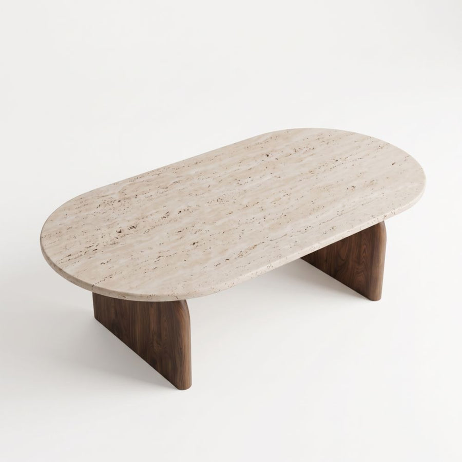 Elevated Studio View of Arden Oval Travertine Coffee Table with Walnut Base - Sculptural Mid-Century Design by Tomruque