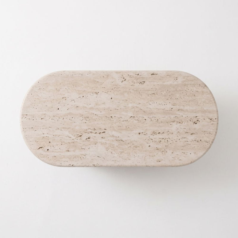 Top View Surface of Arden Oval Travertine Coffee Table with Walnut Base - Sculptural Mid-Century Design by Tomruque