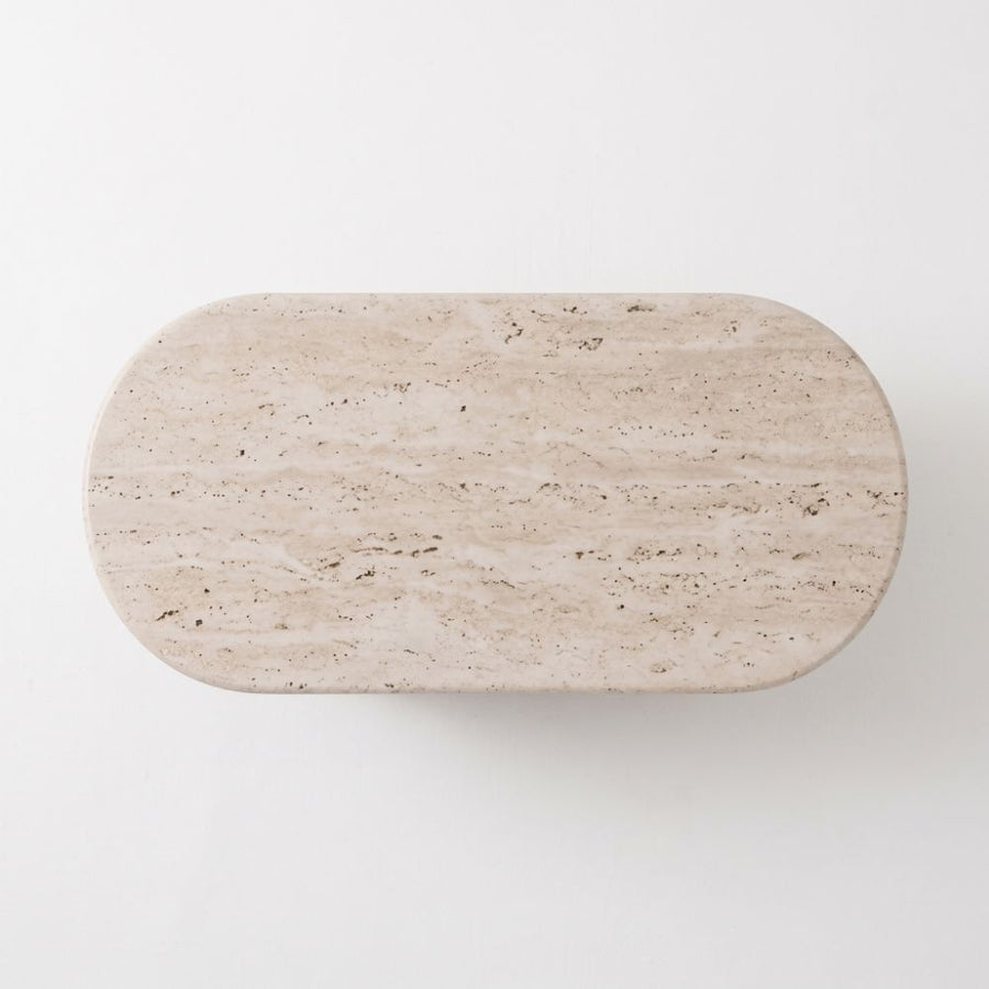 Top View Surface of Arden Oval Travertine Coffee Table with Walnut Base - Sculptural Mid-Century Design by Tomruque