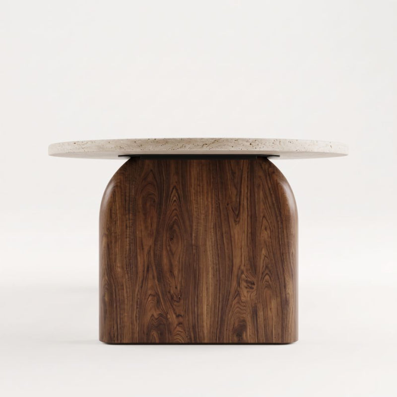 Side Profile Studio View of Arden Oval Travertine Coffee Table with Walnut Base - Sculptural Mid-Century Design by Tomruque