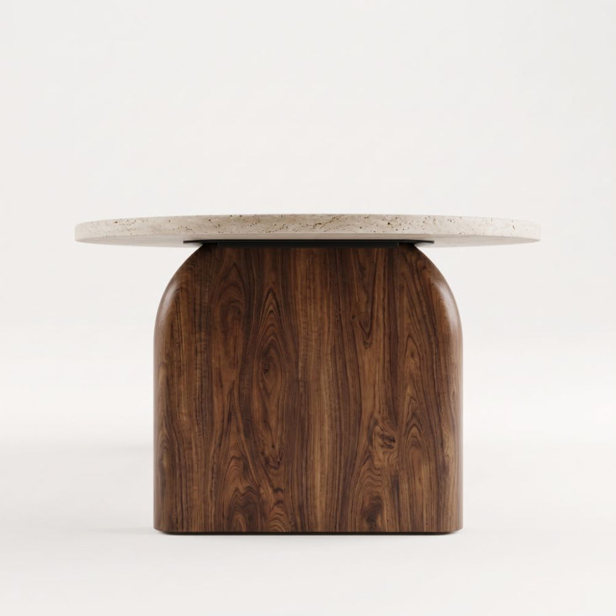 Side Profile Studio View of Arden Oval Travertine Coffee Table with Walnut Base - Sculptural Mid-Century Design by Tomruque