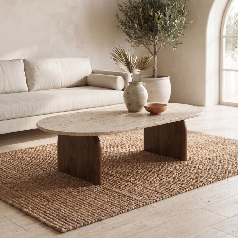 Arden Oval Travertine Coffee Table with Walnut Base - Sculptural Mid-Century Design Styled in a Japandi Living Room by Tomruque