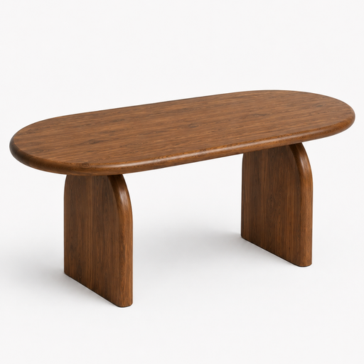 Arden solid walnut oval dining table with walnut wood grain finish, featuring two curved legs, shown on a light gray background.