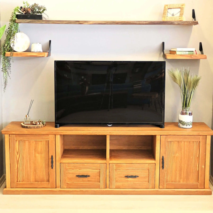 Tv Rack Stand Timber Wood TV Stand: Solid Pine Wood Construction and Ample Storage