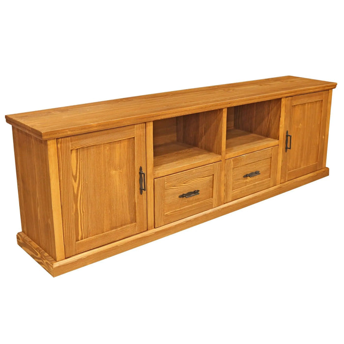 Top surface of the TV stand styled with decor items, displaying its spaciousness and natural pine wood grain.