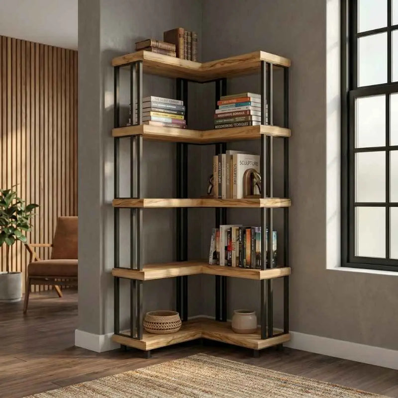 Asper Solid Pine Wood and Metal Corner Bookcase – Modern Industrial Corner Bookcase