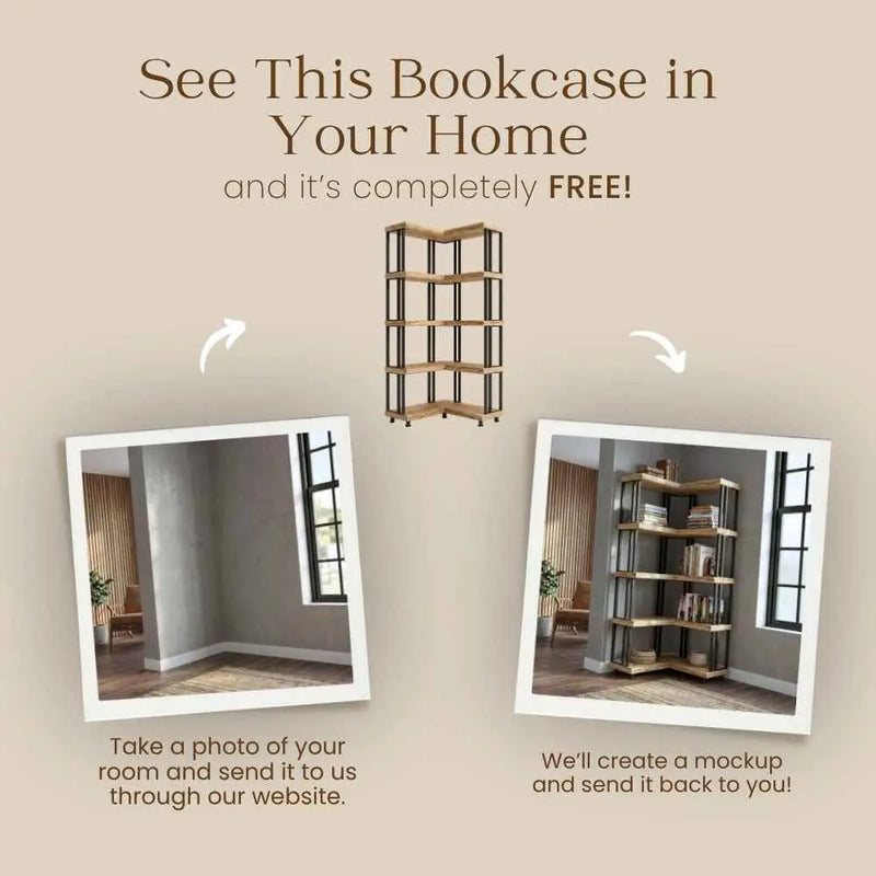 Asper Solid Pine Wood and Metal Corner Bookcase – Modern Industrial Corner Bookcase