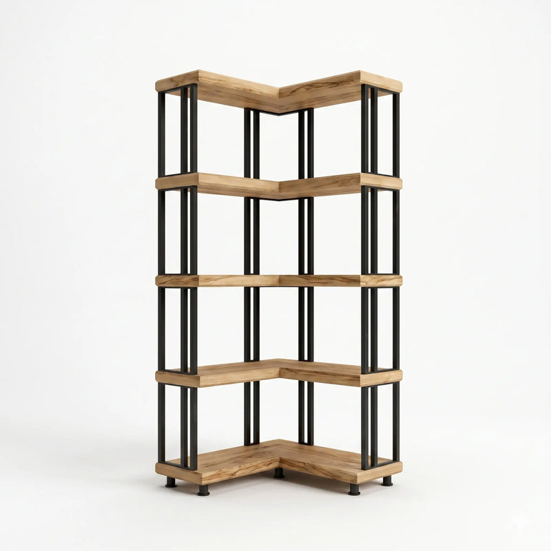 Asper Solid Pine Wood and Metal Corner Bookcase – Modern Industrial Corner Bookcase