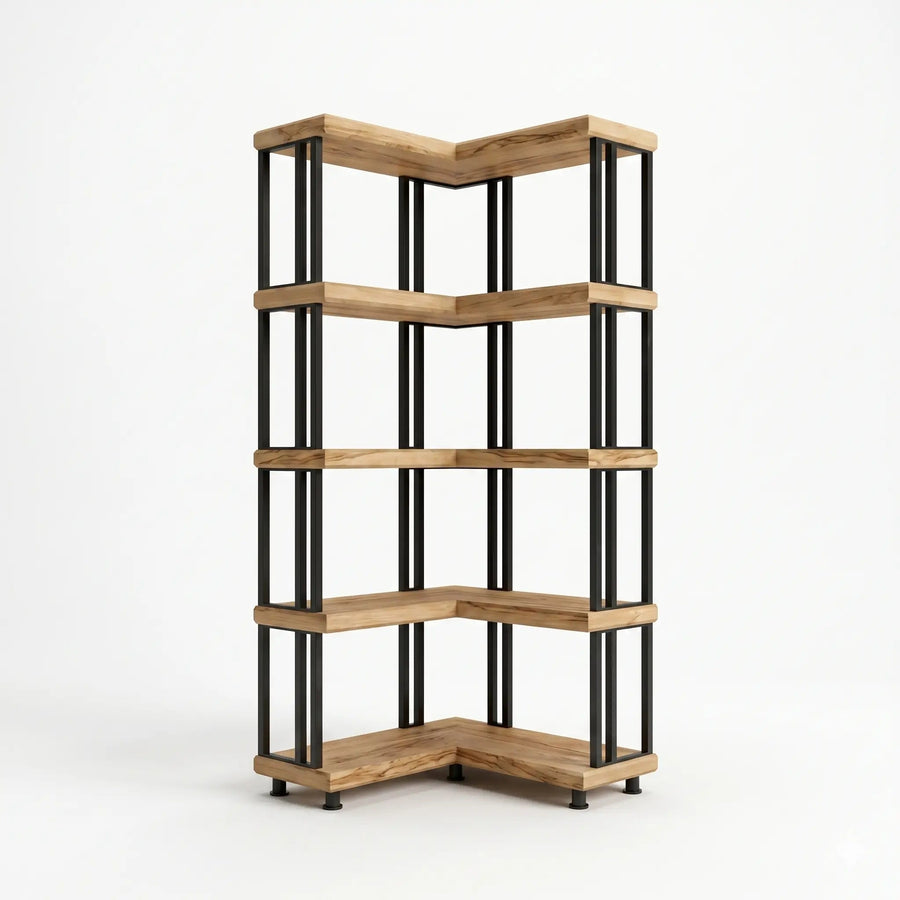 Asper Solid Pine Wood and Metal Corner Bookcase – Modern Industrial Corner Bookcase Mozilya