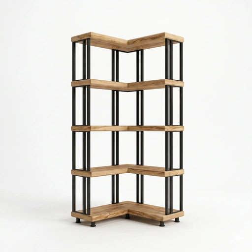 Asper Solid Pine Wood and Metal Corner Bookcase – Modern Industrial Corner Bookcase Mozilya
