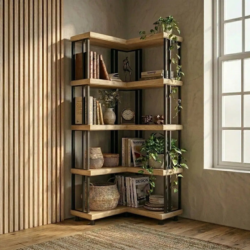 Asper Solid Pine Wood and Metal Corner Bookcase – Modern Industrial Corner Bookcase