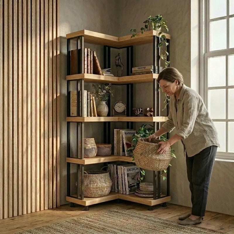Asper Solid Pine Wood and Metal Corner Bookcase – Modern Industrial Corner Bookcase