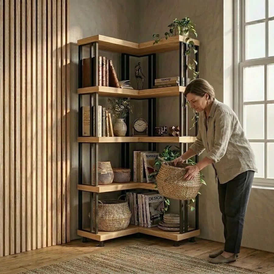 Asper Solid Pine Wood and Metal Corner Bookcase – Modern Industrial Corner Bookcase Mozilya