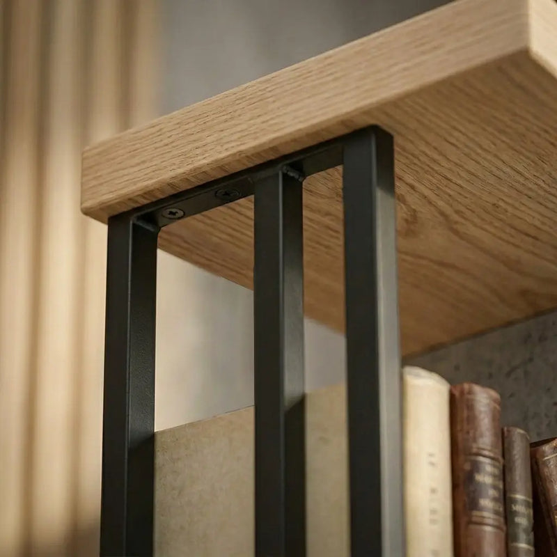 Asper Solid Pine Wood and Metal Corner Bookcase – Modern Industrial Corner Bookcase