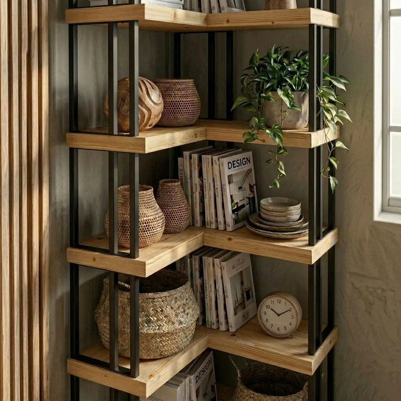 Asper Solid Pine Wood and Metal Corner Bookcase – Modern Industrial Corner Bookcase