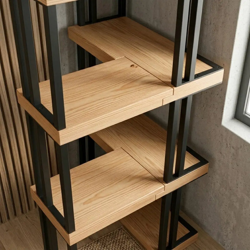 Asper Solid Pine Wood and Metal Corner Bookcase – Modern Industrial Corner Bookcase