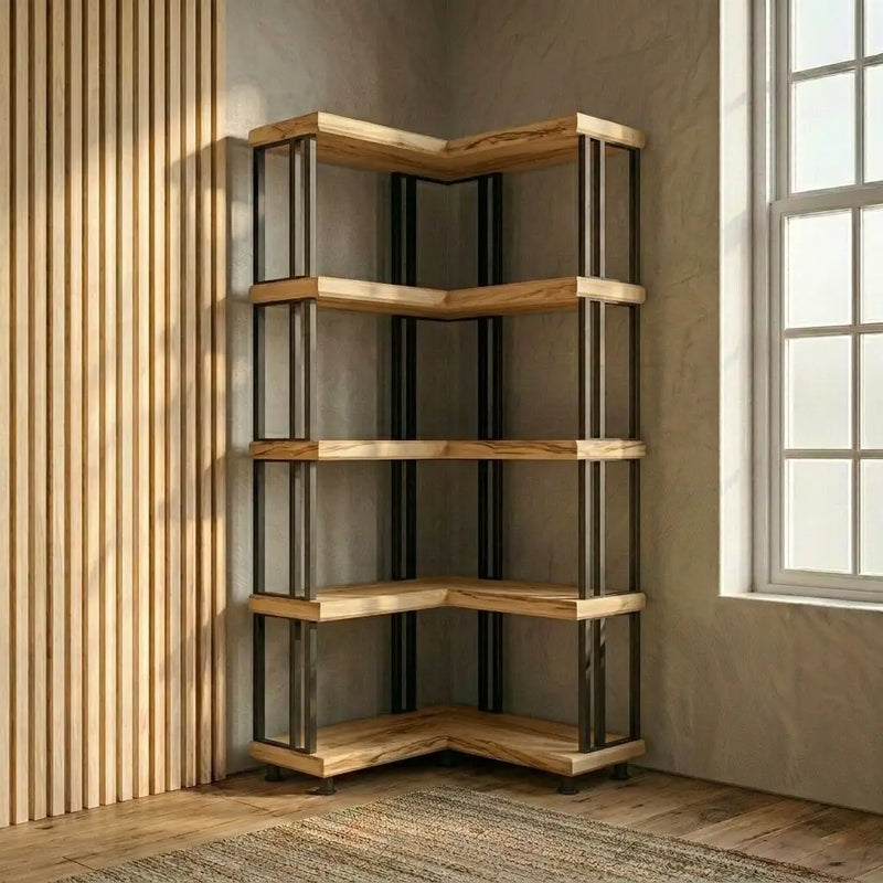 Asper Solid Pine Wood and Metal Corner Bookcase – Modern Industrial Corner Bookcase