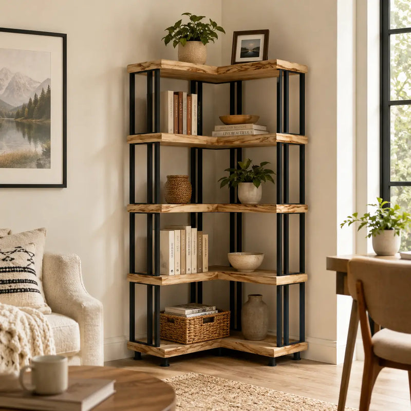 Asper Solid Pine Wood and Metal Corner Bookcase – Modern Industrial Corner Bookcase