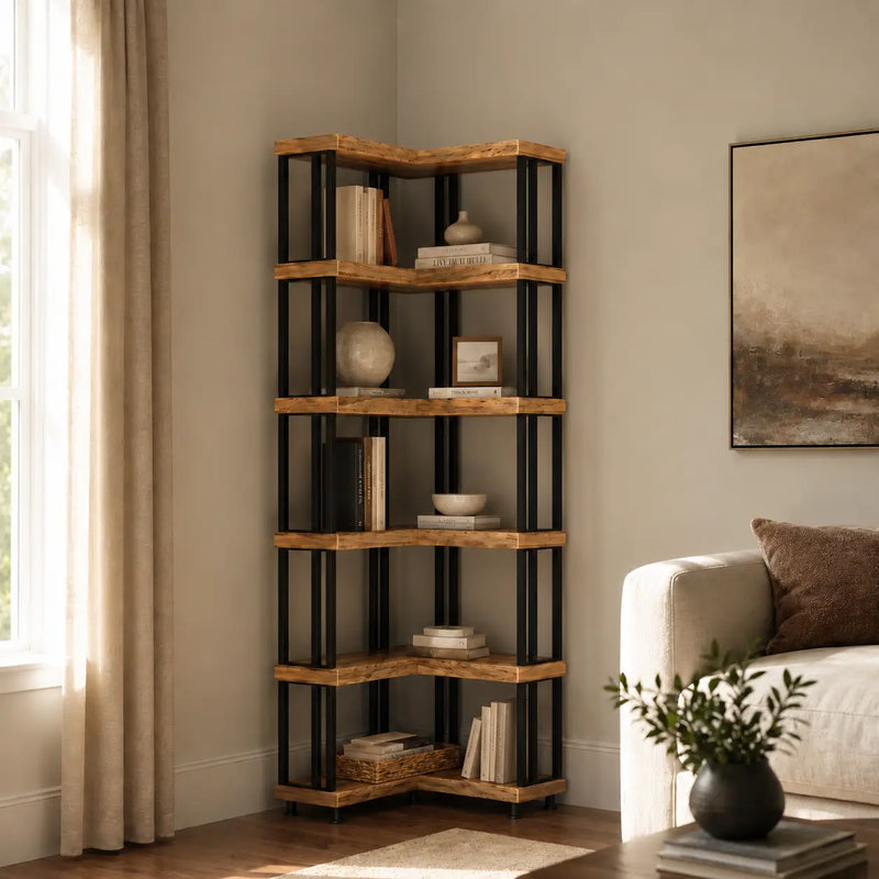Asper Solid Pine Wood and Metal Corner Bookcase – Modern Industrial Corner Bookcase