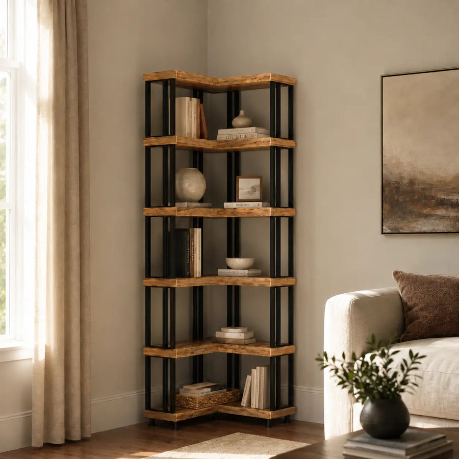 Asper Solid Pine Wood and Metal Corner Bookcase – Modern Industrial Corner Bookcase Mozilya