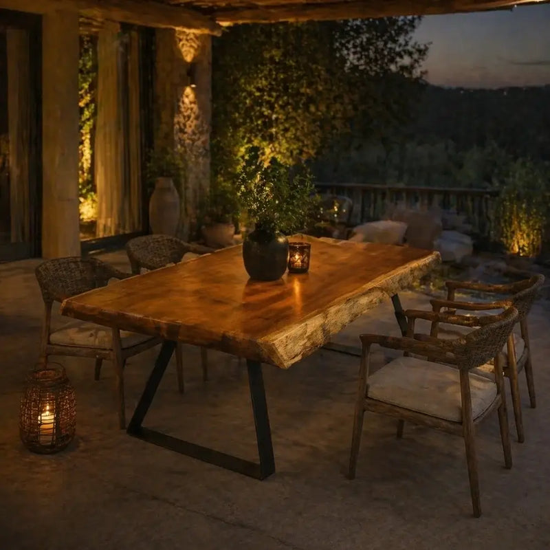 Atlantis Solid Iroko Wood Slab Dining Table – Live Edge Rustic Industrial Design