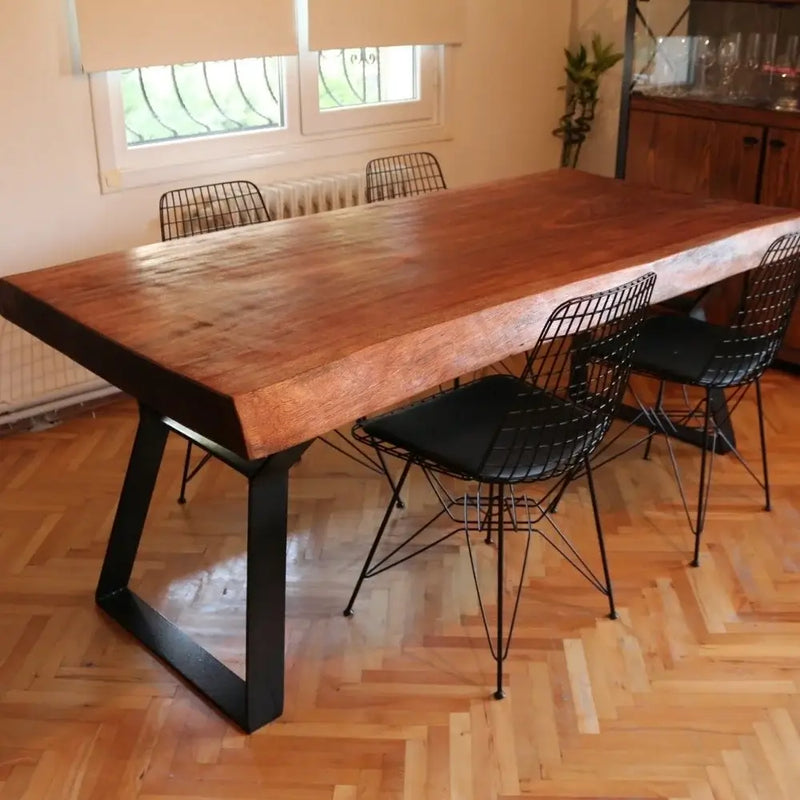 Atlantis Solid Iroko Wood Slab Dining Table – Live Edge Rustic Industrial Design