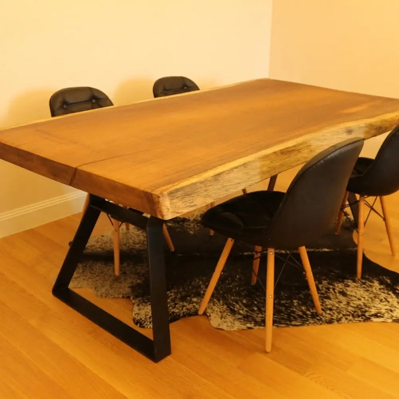 Atlantis Solid Iroko Wood Slab Dining Table – Live Edge Rustic Industrial Design