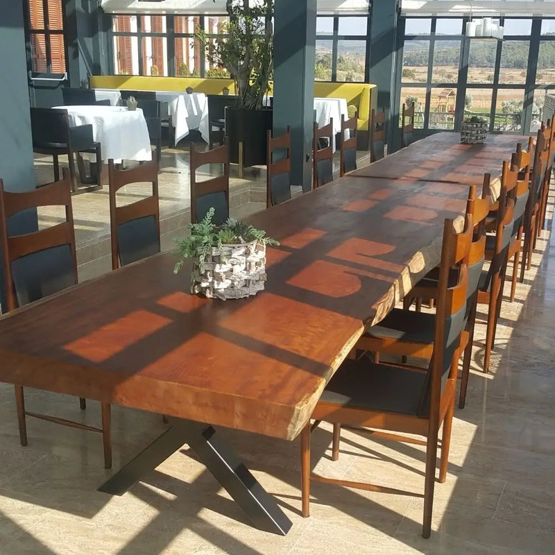 Atlantis Solid Iroko Wood Slab Dining Table – Live Edge Rustic Industrial Design