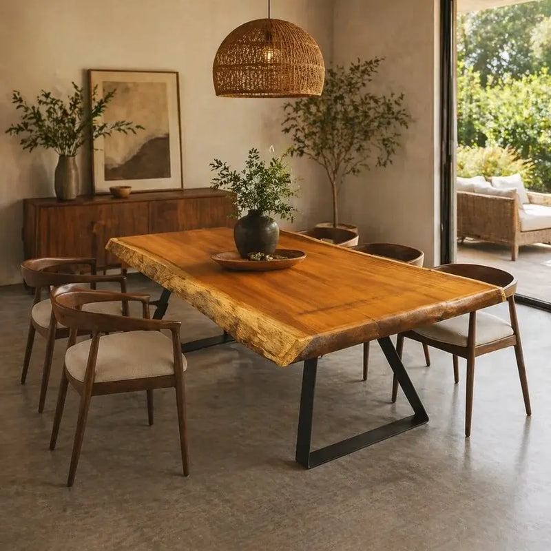Atlantis Solid Iroko Wood Slab Dining Table – Live Edge Rustic Industrial Design