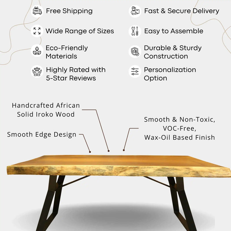 Atlantis Solid Iroko Wood Slab Dining Table – Live Edge Rustic Industrial Design