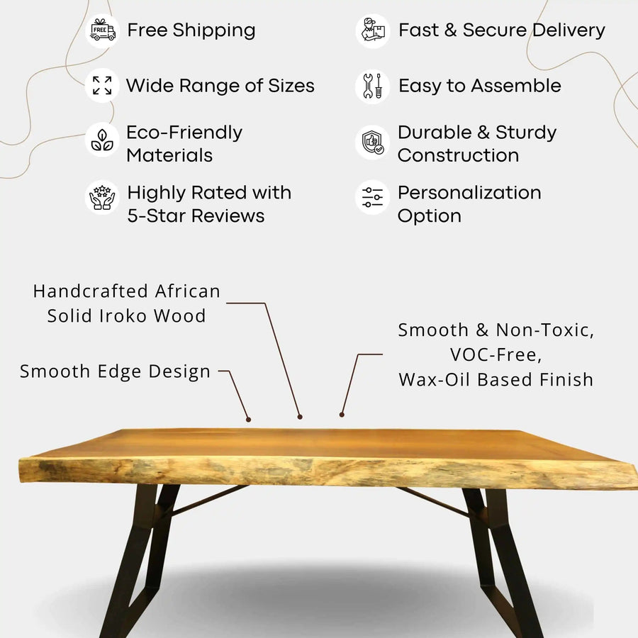 Atlantis Solid Iroko Wood Slab Dining Table – Live Edge Rustic Industrial Design Mozilya