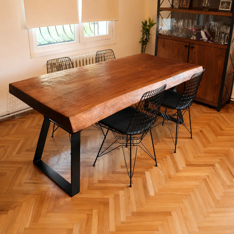 Atlantis Solid Iroko Wood Slab Dining Table – Live Edge Rustic Industrial Design