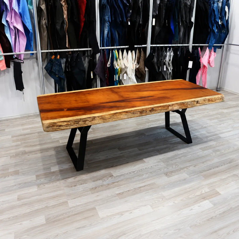 Atlantis Solid Iroko Wood Slab Dining Table – Live Edge Rustic Industrial Design