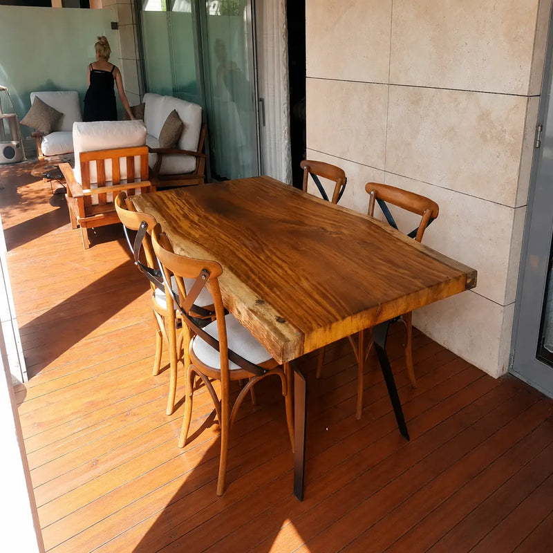 Atlantis Solid Iroko Wood Slab Dining Table – Live Edge Rustic Industrial Design