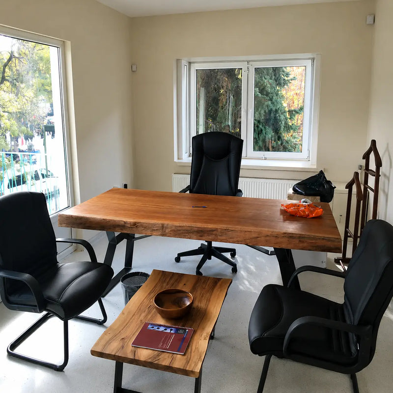 Atlantis Solid Iroko Wood Slab Dining Table – Live Edge Rustic Industrial Design