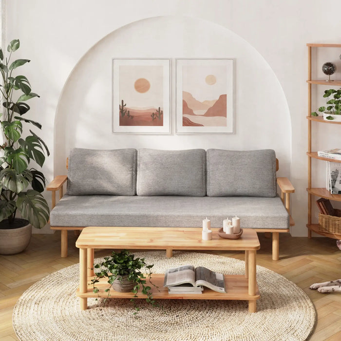 Minimalist Beech Wood coffee table with storage in a warm living room