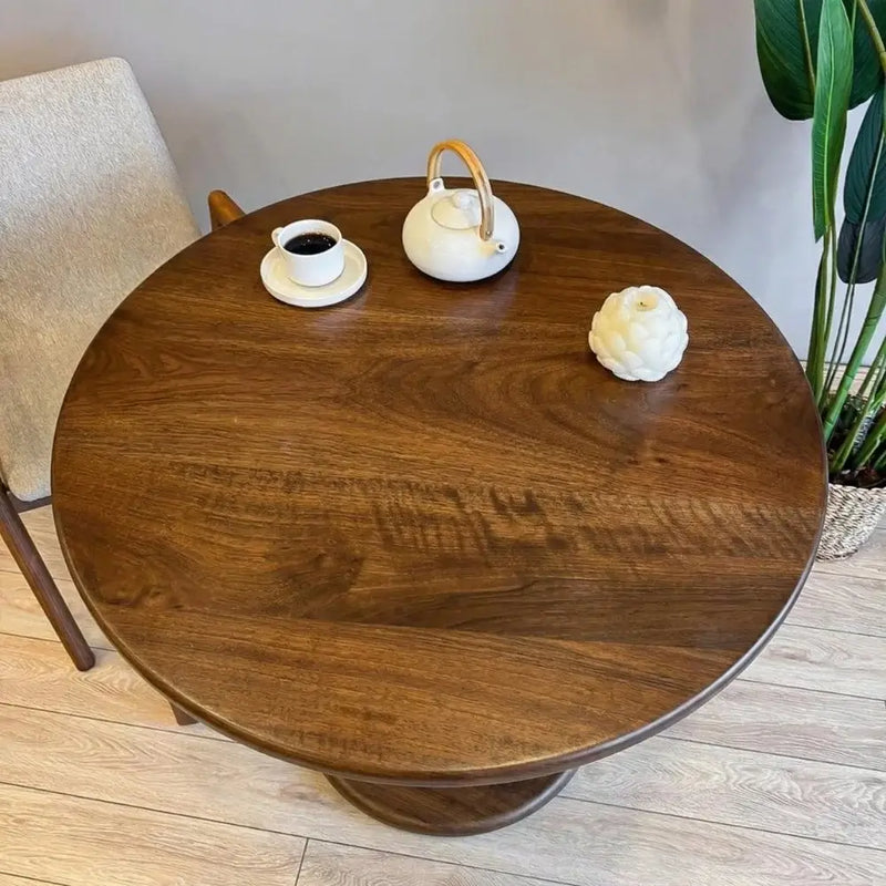 Aven Walnut Wood Dining Table – Modern Pedestal Round Design