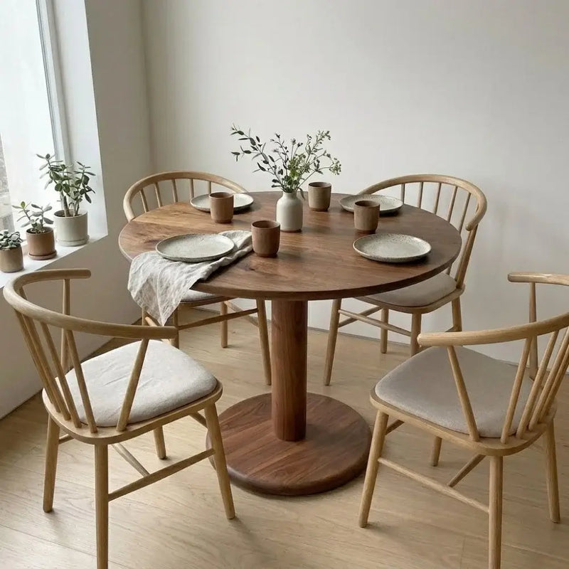 Aven Walnut Wood Dining Table – Modern Pedestal Round Design