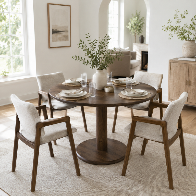 Aven Walnut Wood Dining Table – Modern Pedestal Round Design