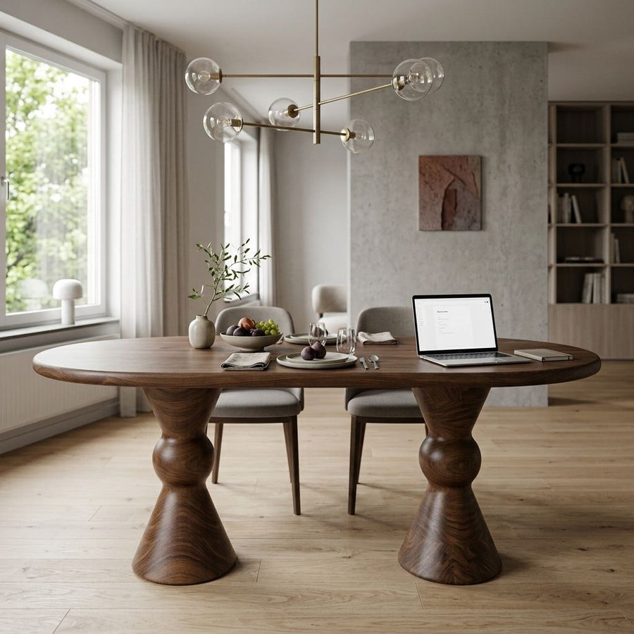 Avero Oval Solid Walnut Dining Table – Double Sculptural Pedestal Design