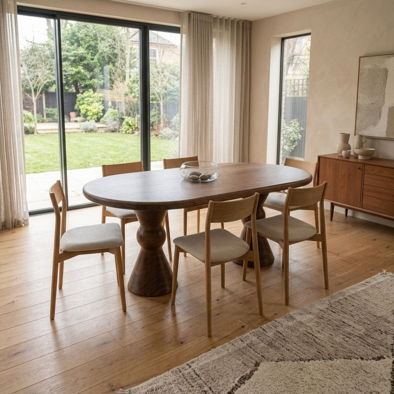 Avero Oval Solid Walnut Dining Table – Double Sculptural Pedestal Design