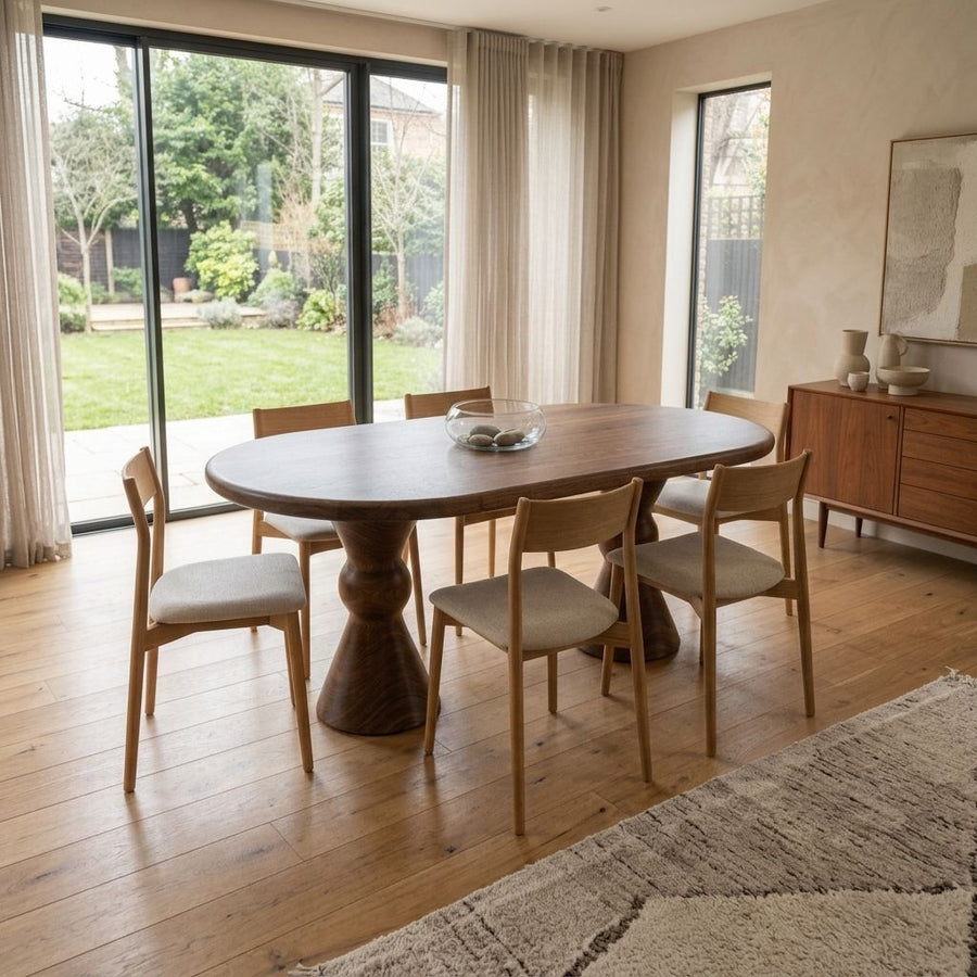Avero Oval Solid Walnut Dining Table – Double Sculptural Pedestal Design