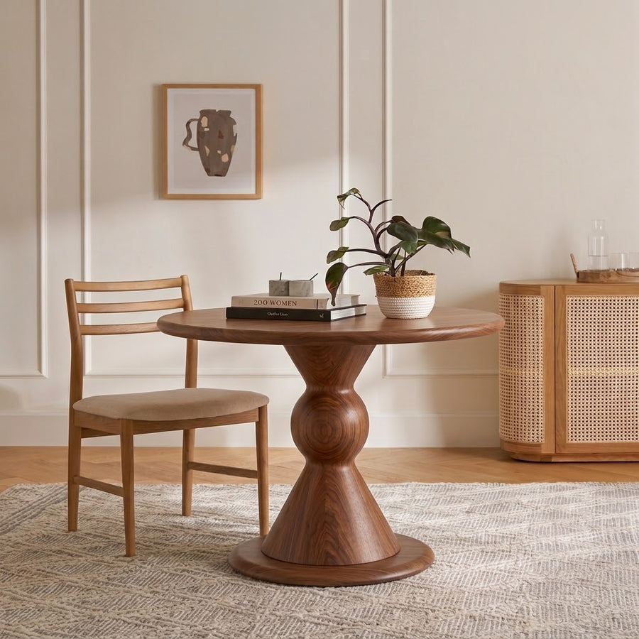 Avero Round Walnut Dining Table | Sculptural Pedestal Design