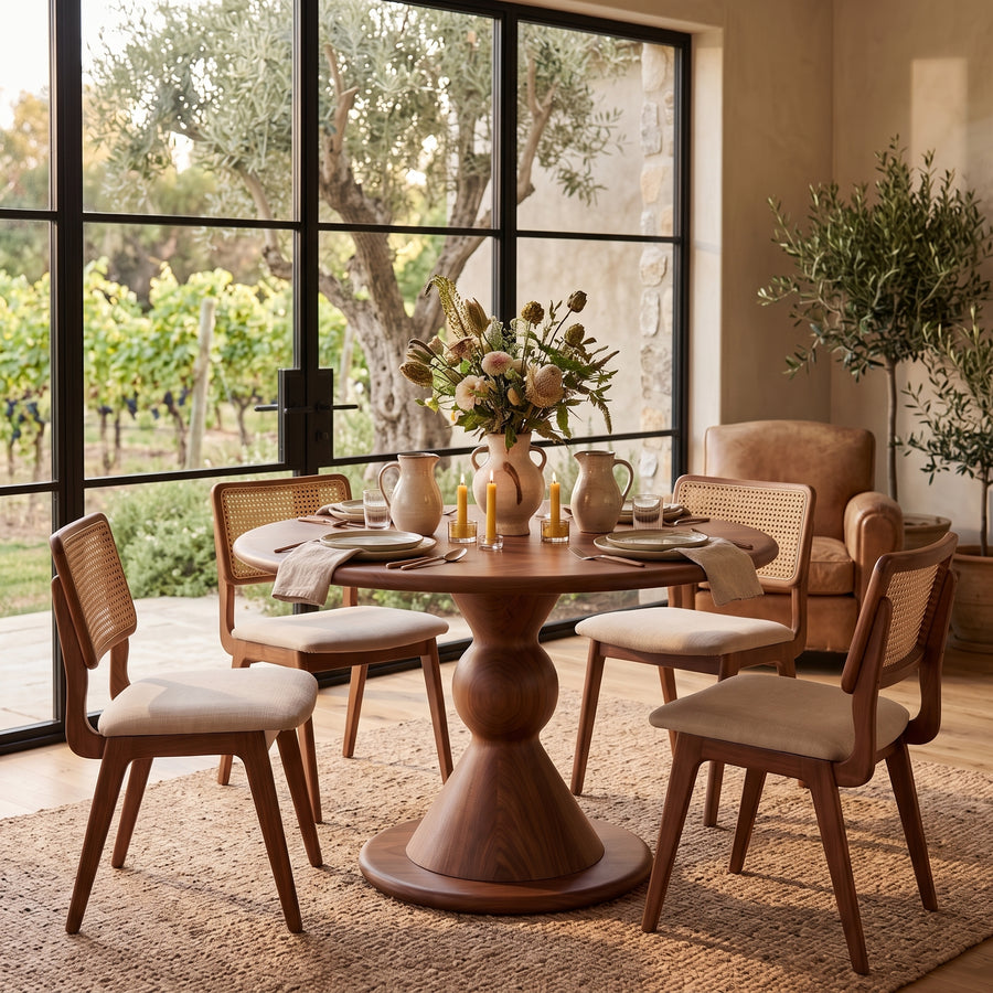 Avero Round Walnut Dining Table | Sculptural Pedestal Design