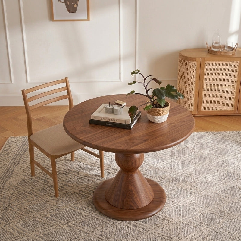 Avero Round Walnut Dining Table | Sculptural Pedestal Design