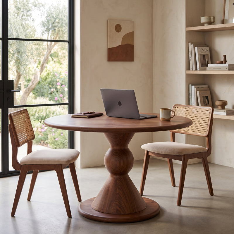 Avero Round Walnut Dining Table | Sculptural Pedestal Design